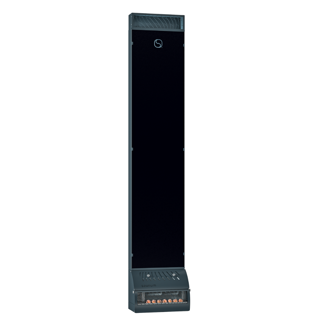Tall, sleek, dark tower speaker against a black background, featuring dotted patterns on the front, and a modern, minimalist design.