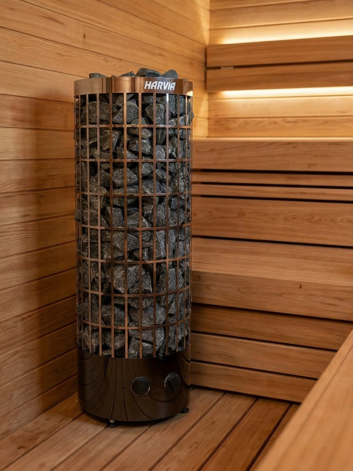 Harvia sauna stove in a wooden sauna room
