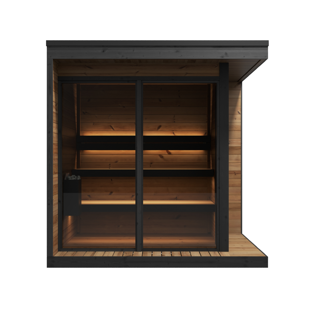 Wooden shed with black roof on a white background
