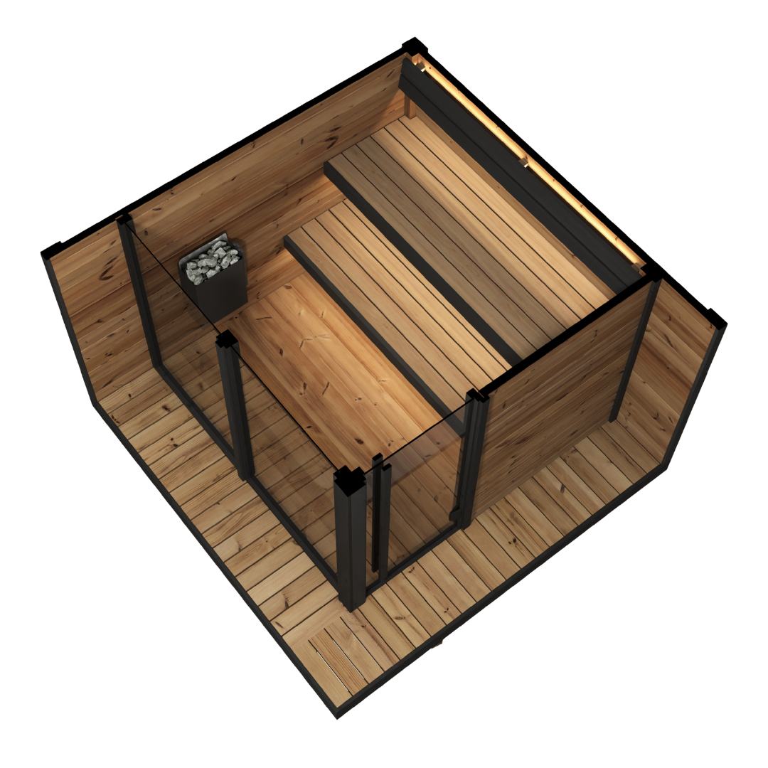 Wooden cabin with a bench and storage area on a white background