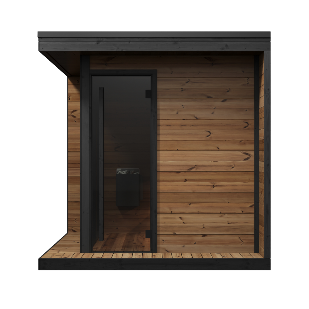 Wooden cabin with a black door on a white background