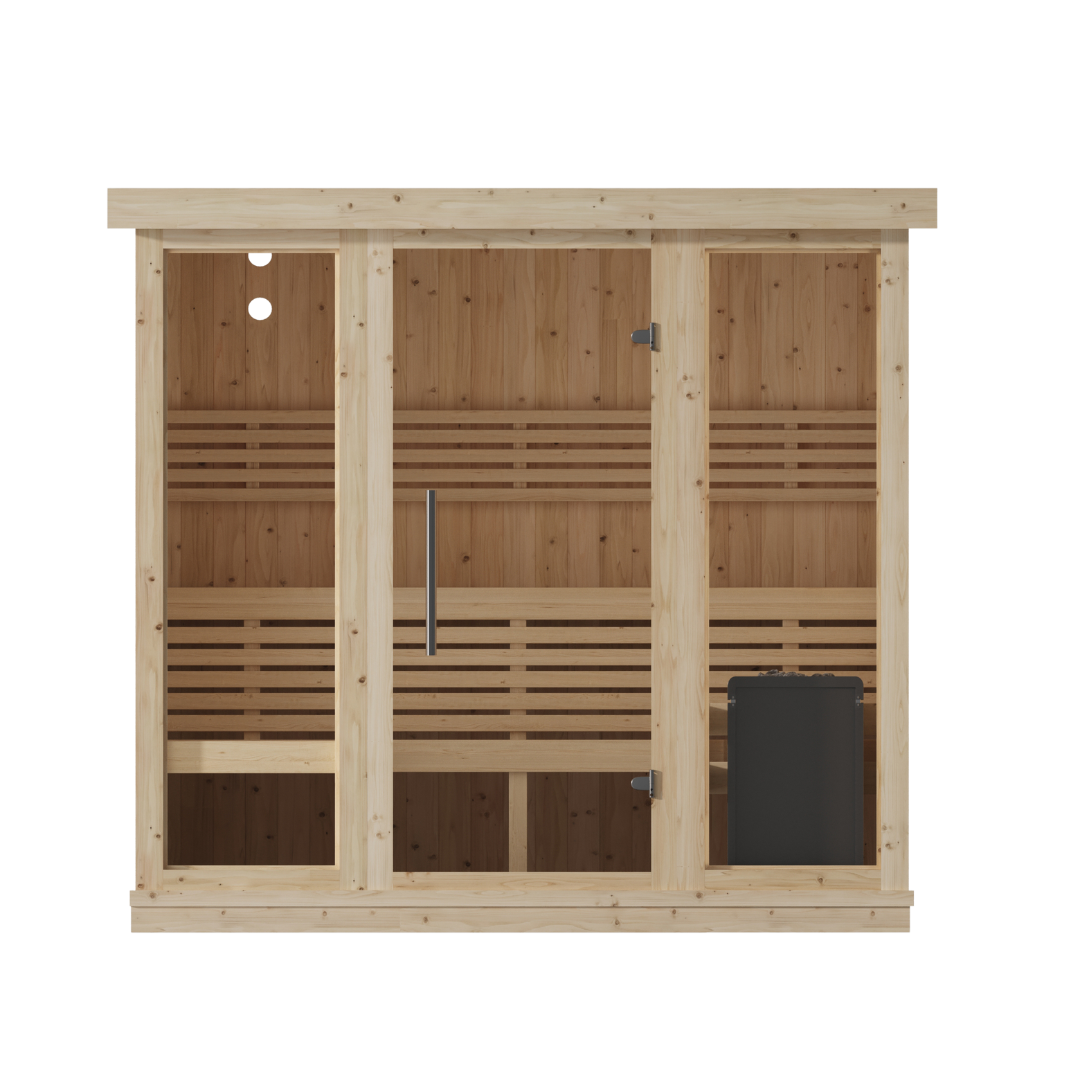 Wooden sauna with glass front, featuring a bench and a heater on the right. The interior is spacious, creating a serene and relaxing ambiance.