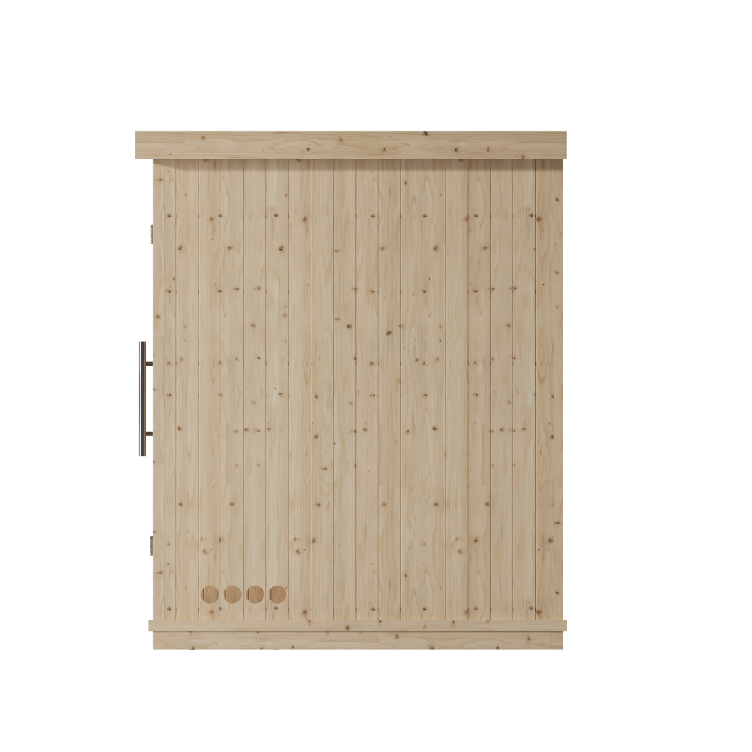 A wooden sliding door made of vertical planks with a sleek metal handle on the side. The door has three round cutouts at the bottom. The background is black.