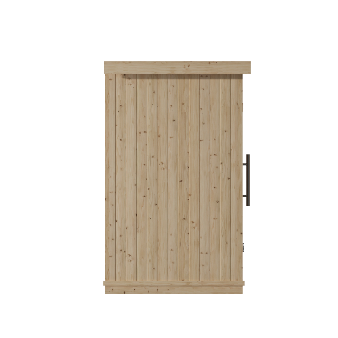 Wooden sliding barn door with vertical planks and a metal handle, set against a black background. The door conveys a rustic and minimalist style.