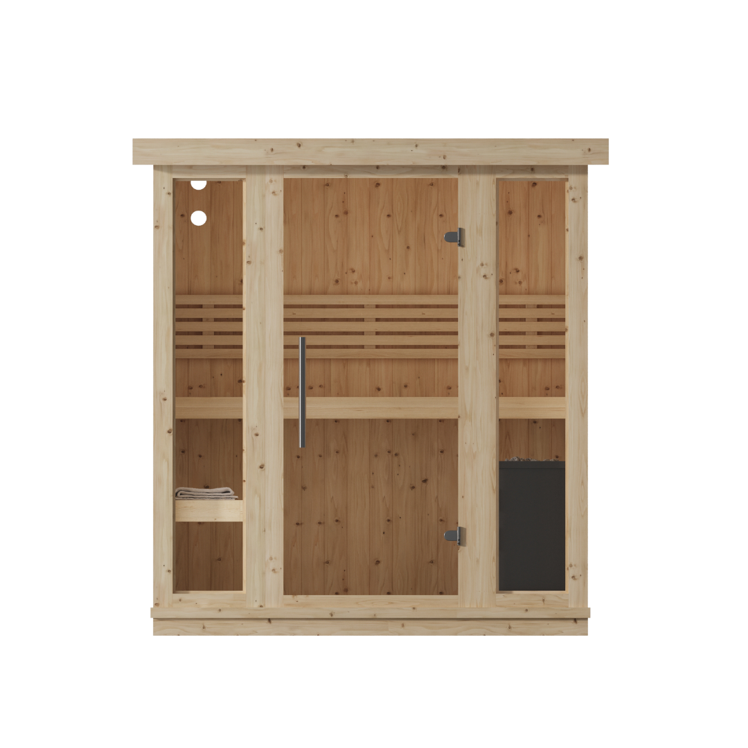 Wooden sauna cabin with glass doors and metal handle, featuring built-in bench and shelf. Minimalist design on a black background.