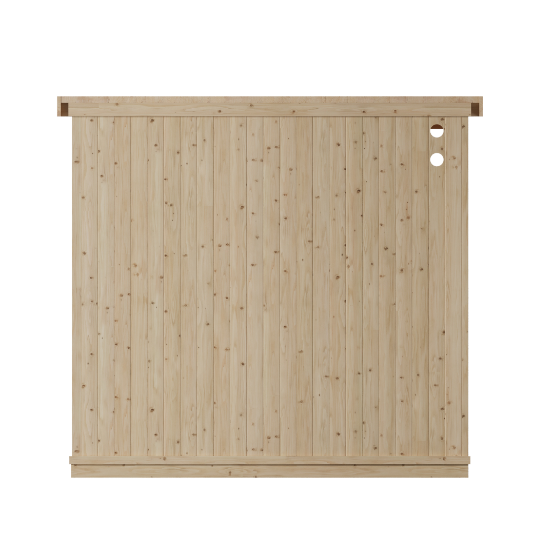 Wooden door with vertical planks and two circular holes on the right side, set against a black background. It conveys a minimalist, rustic design.