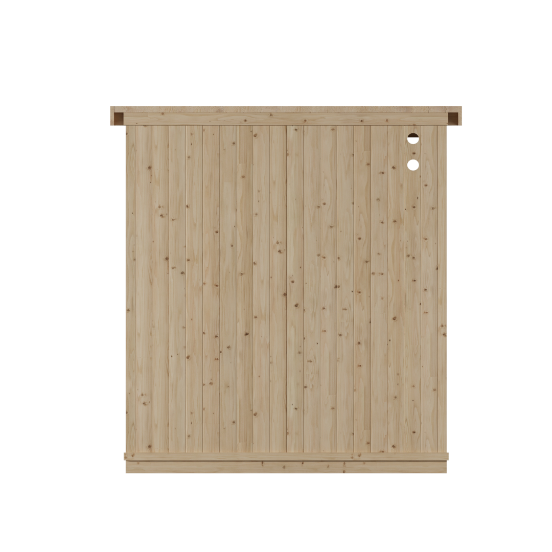 Wooden sliding door with vertical planks and two round holes on the right, set against a stark black background, conveying simplicity and minimalism.