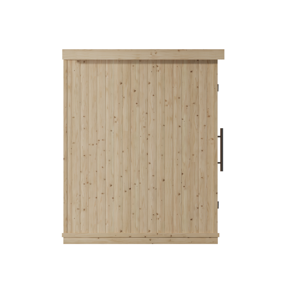 Wooden sliding barn door with vertical plank design and a metal handle, set against a black background, conveying a rustic and minimalist feel.