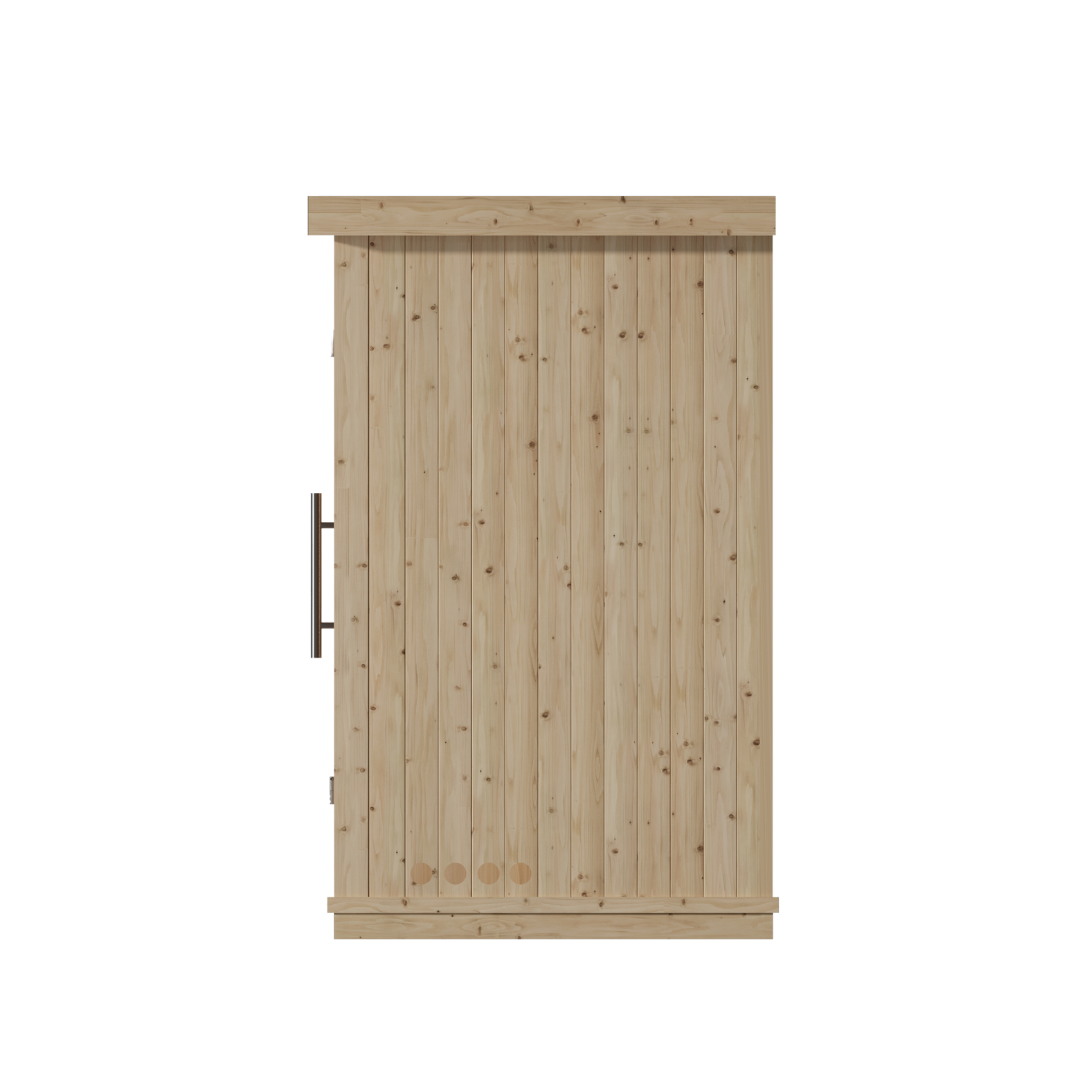 Wooden sliding barn door on a black background. The door is made of vertical wooden planks with a simple metal handle on the left. Rustic and minimalist design.