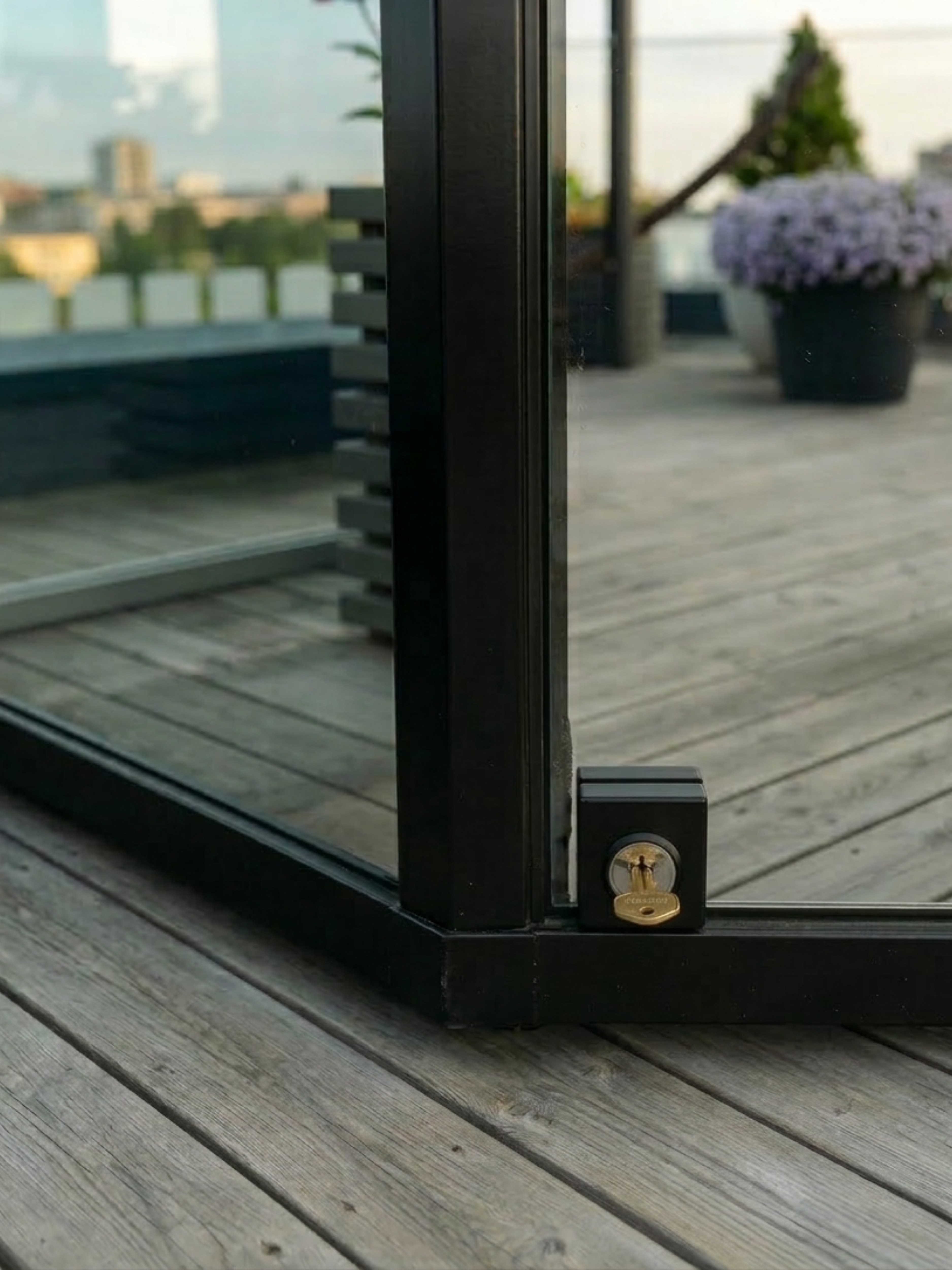 Glass door hinge on a wooden deck with blurred background