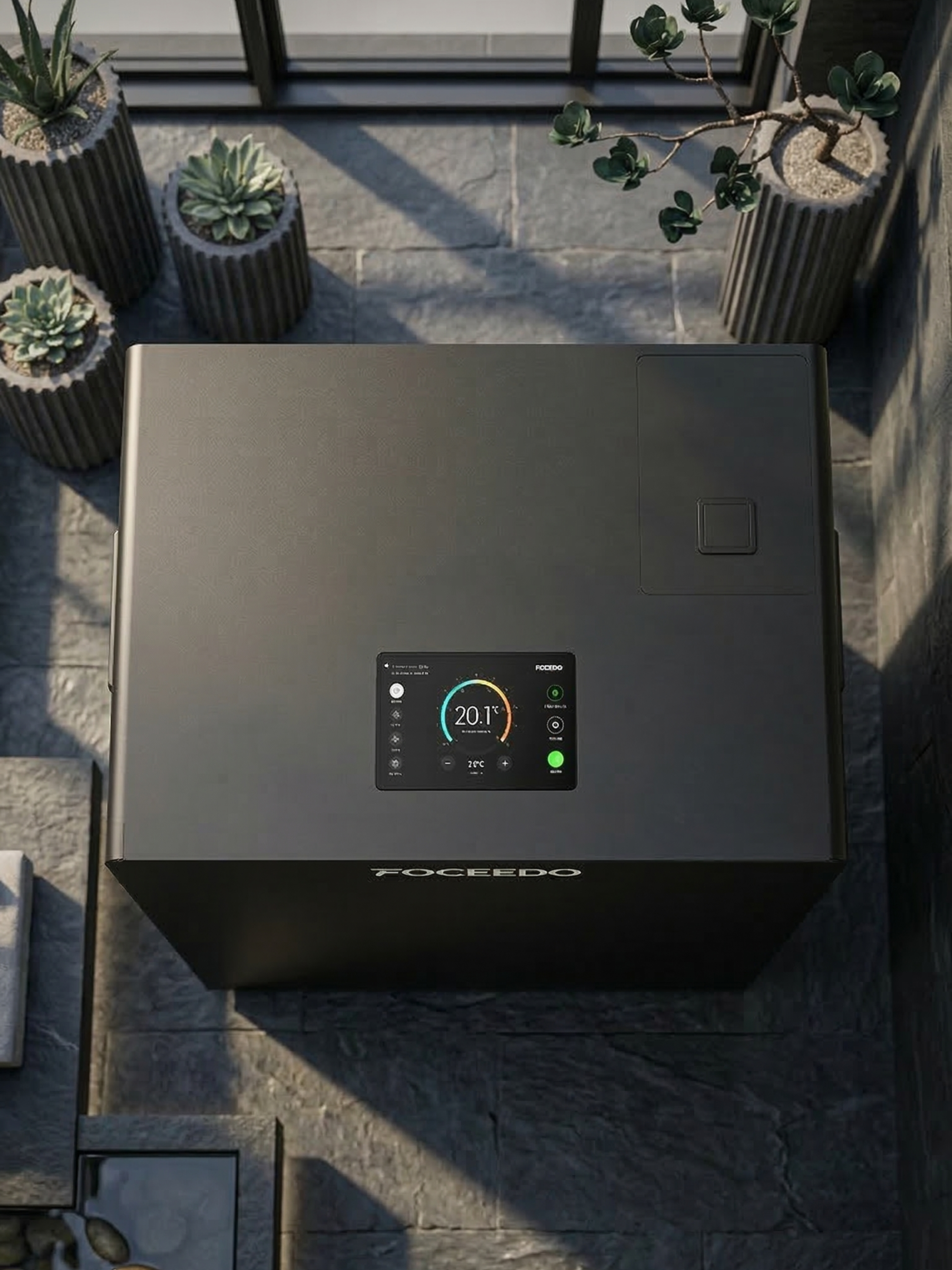 Smart air conditioning unit with digital display on a stone patio