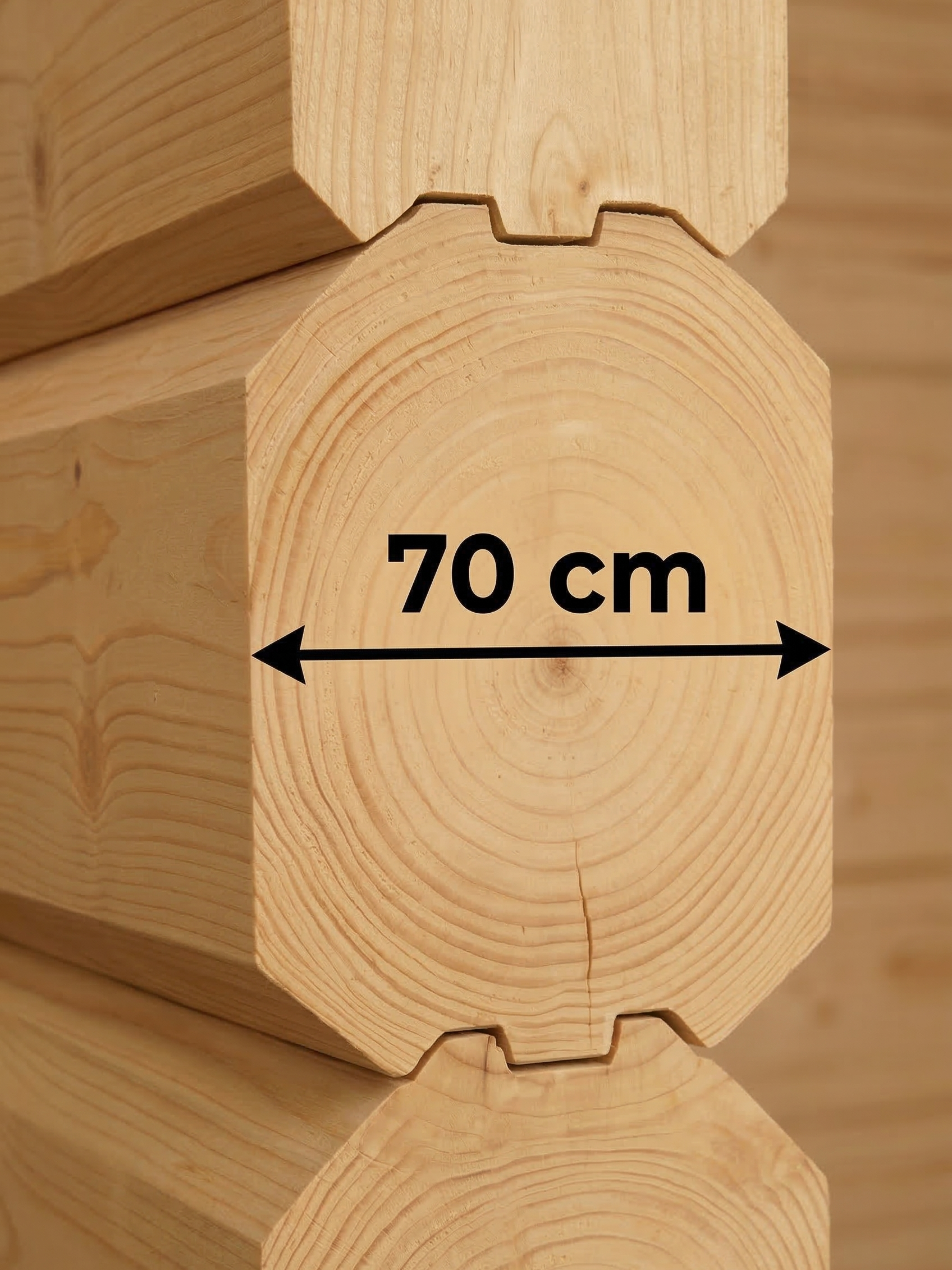 Wooden log with measurement label '70 cm' on a wooden background