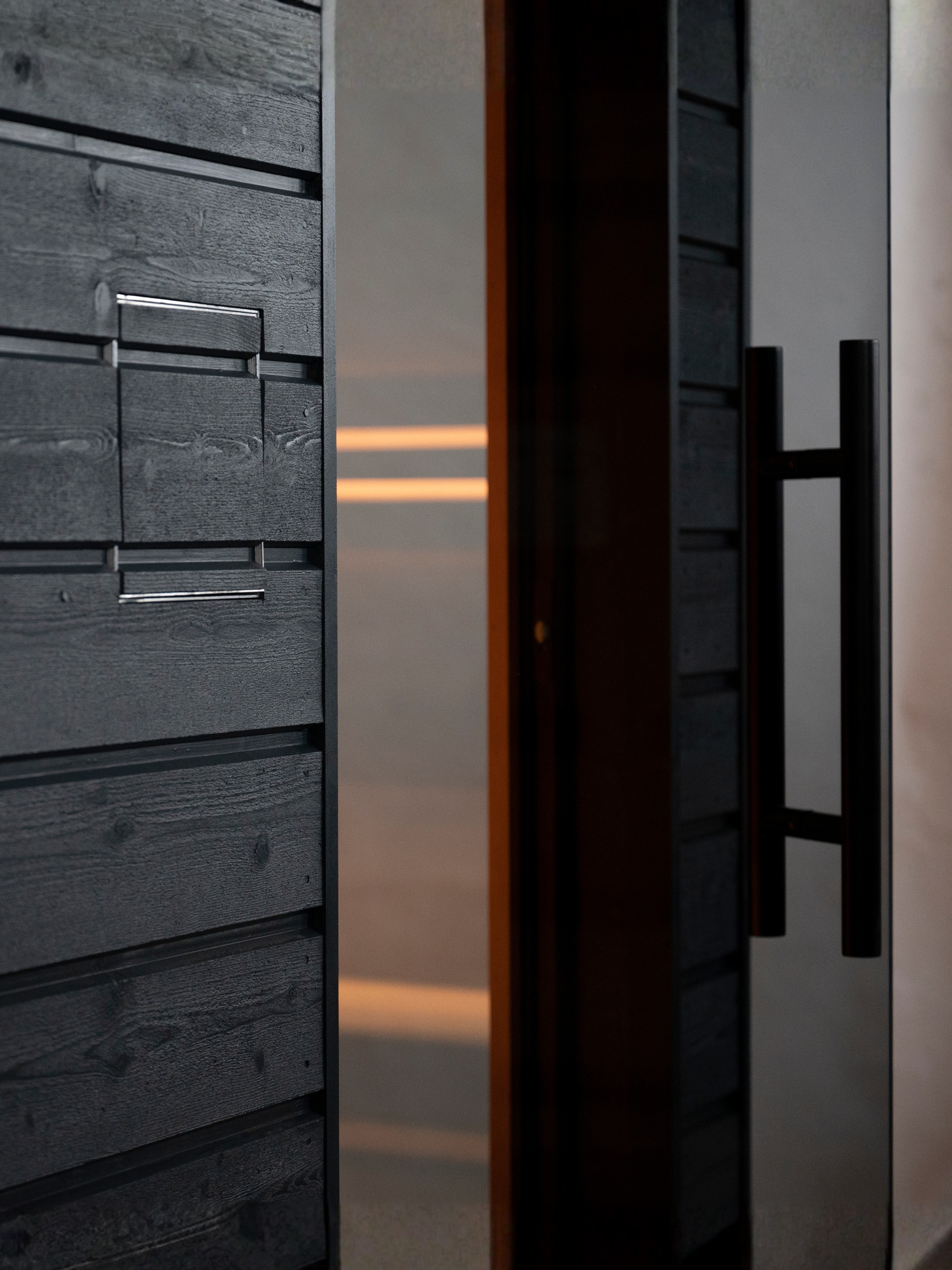 Close-up of a modern wooden door with metal handle and glass panel.