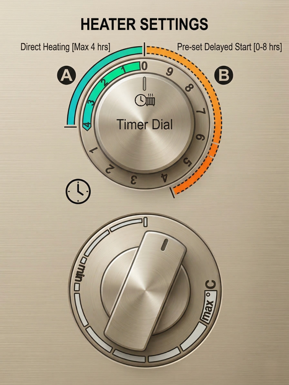 Heater settings control panel with timer dial and temperature knob on a metallic background