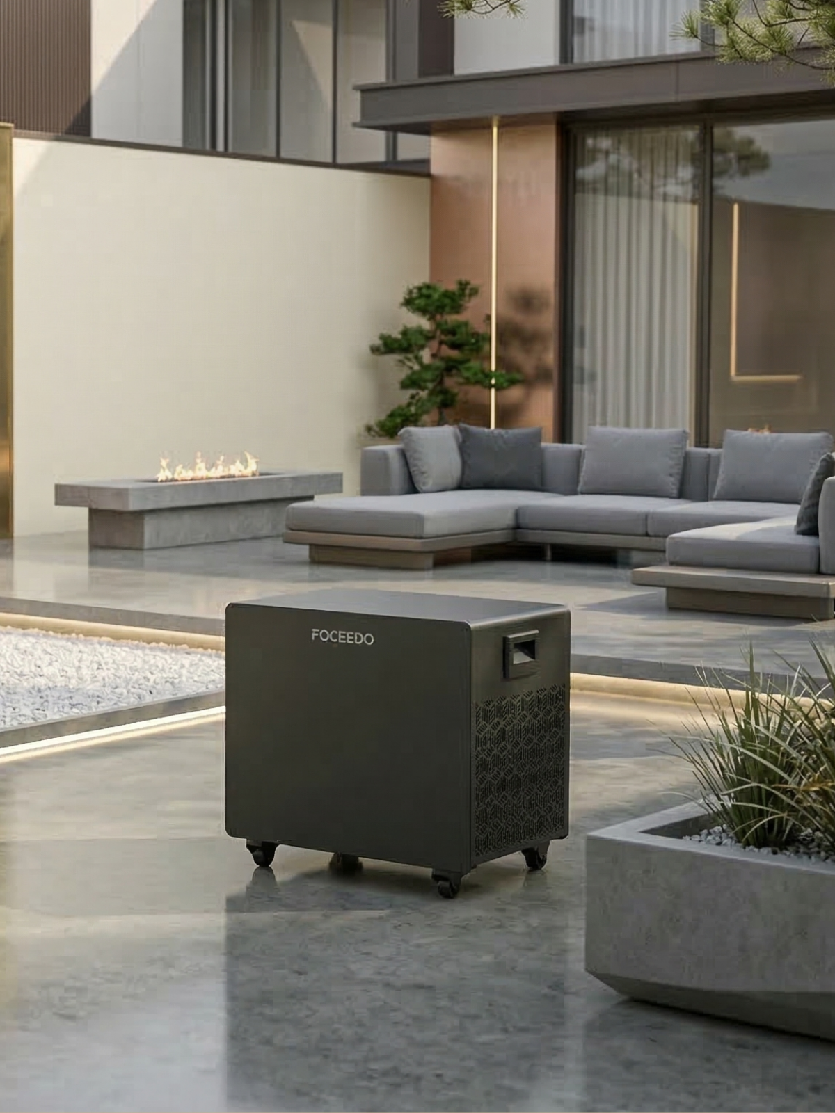 Outdoor patio with modern furniture and a FOCEDO speaker.