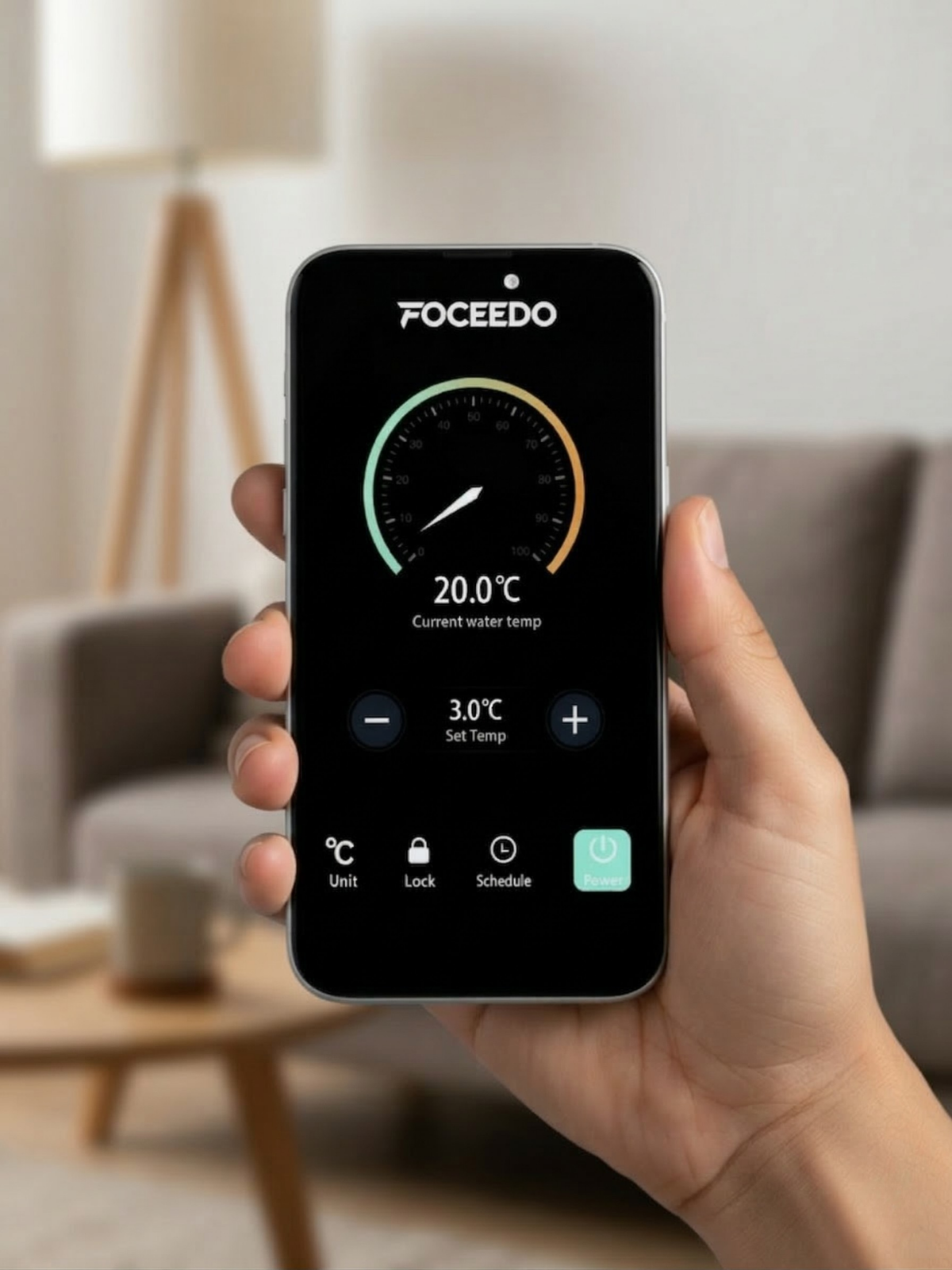 Hand holding a smartphone displaying the Foceedo app with a blurred living room background