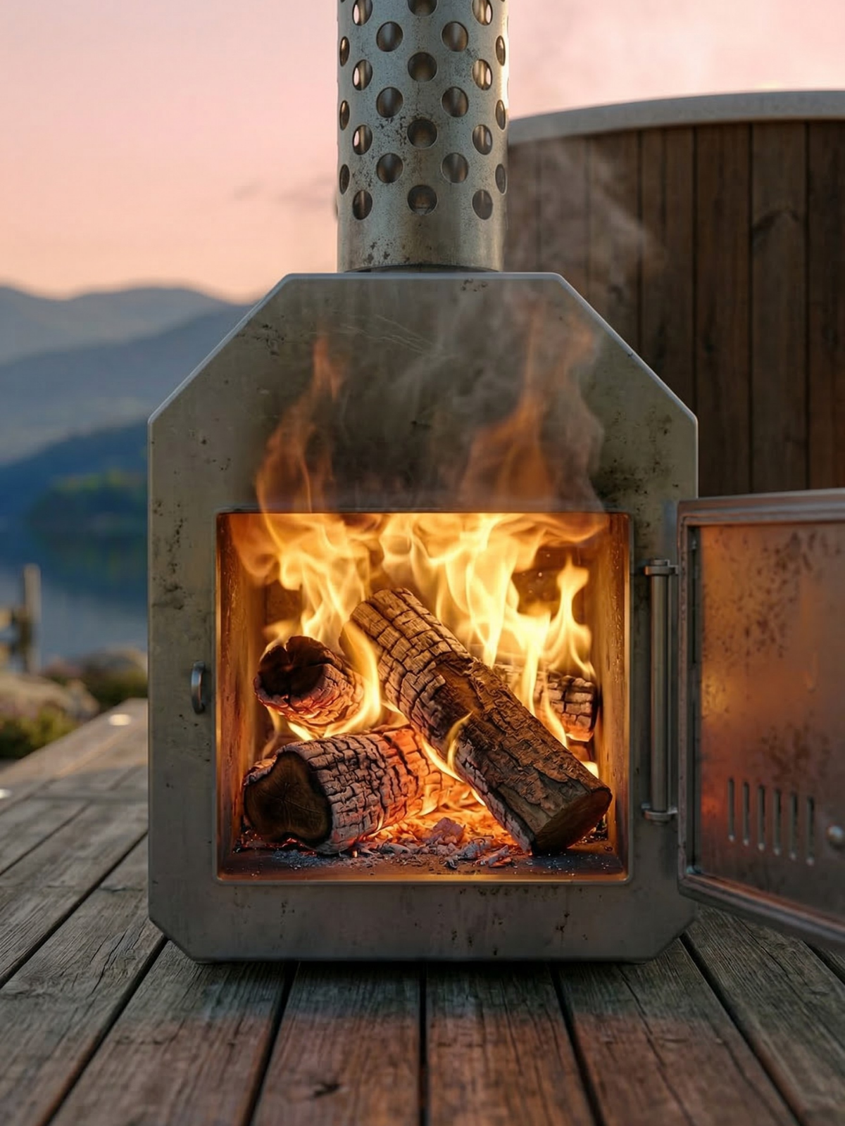 Portable wood stove with flames inside, set against a scenic mountain backdrop.
