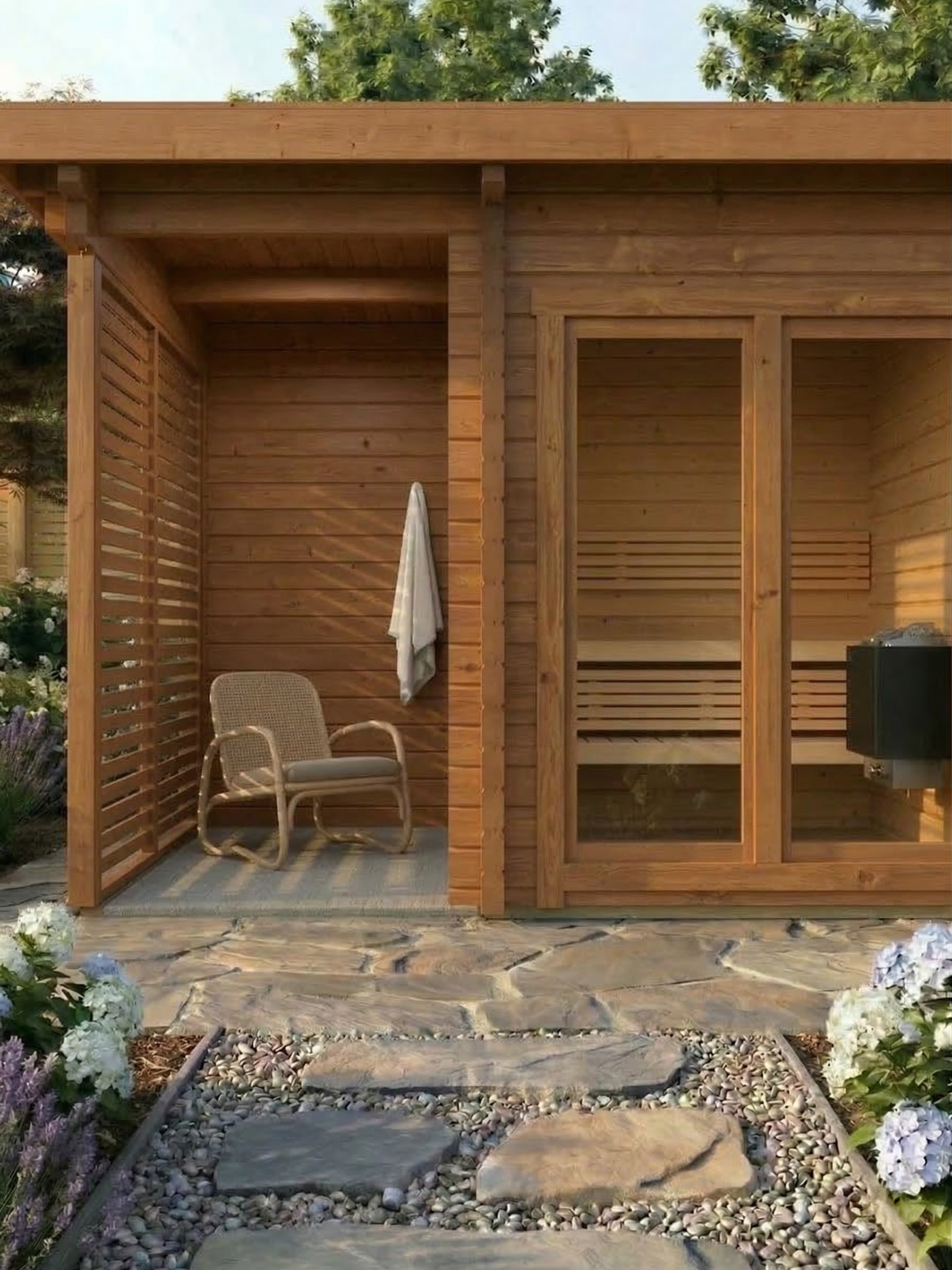 Wooden outdoor shed with a chair and towel, surrounded by flowers and stones.