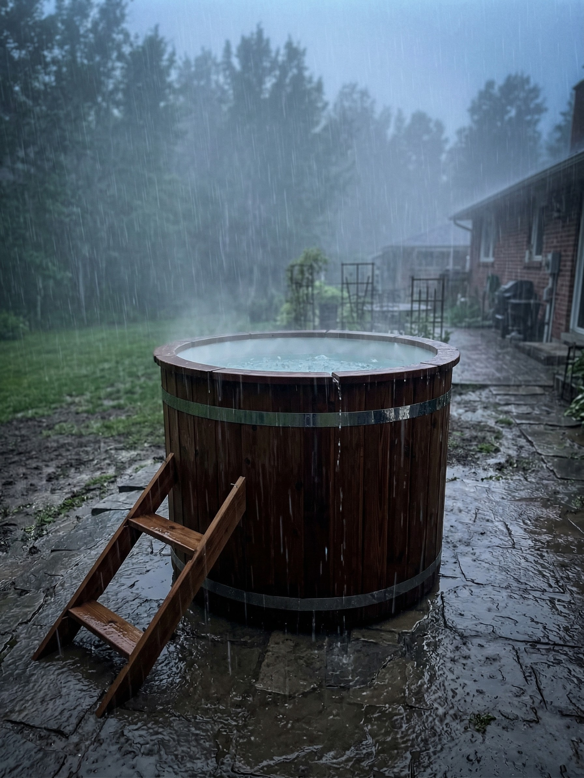 Wooden hot tub in a backyard during rain with a ladder