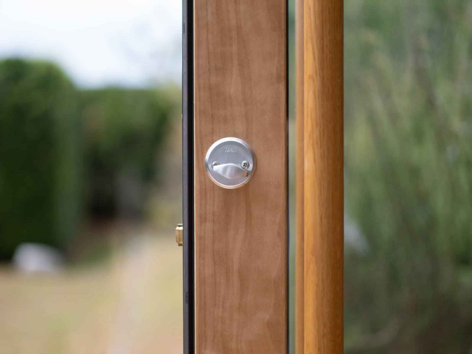 Wooden door with a metallic handle and lock, blurred greenery in the background