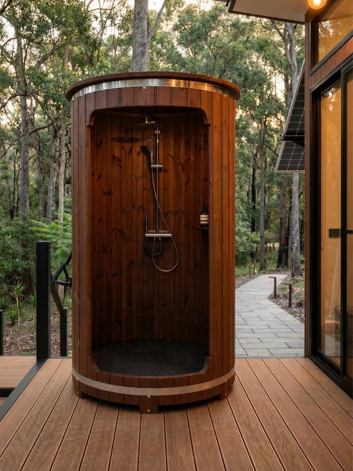 Wooden outdoor shower enclosure in a forest setting