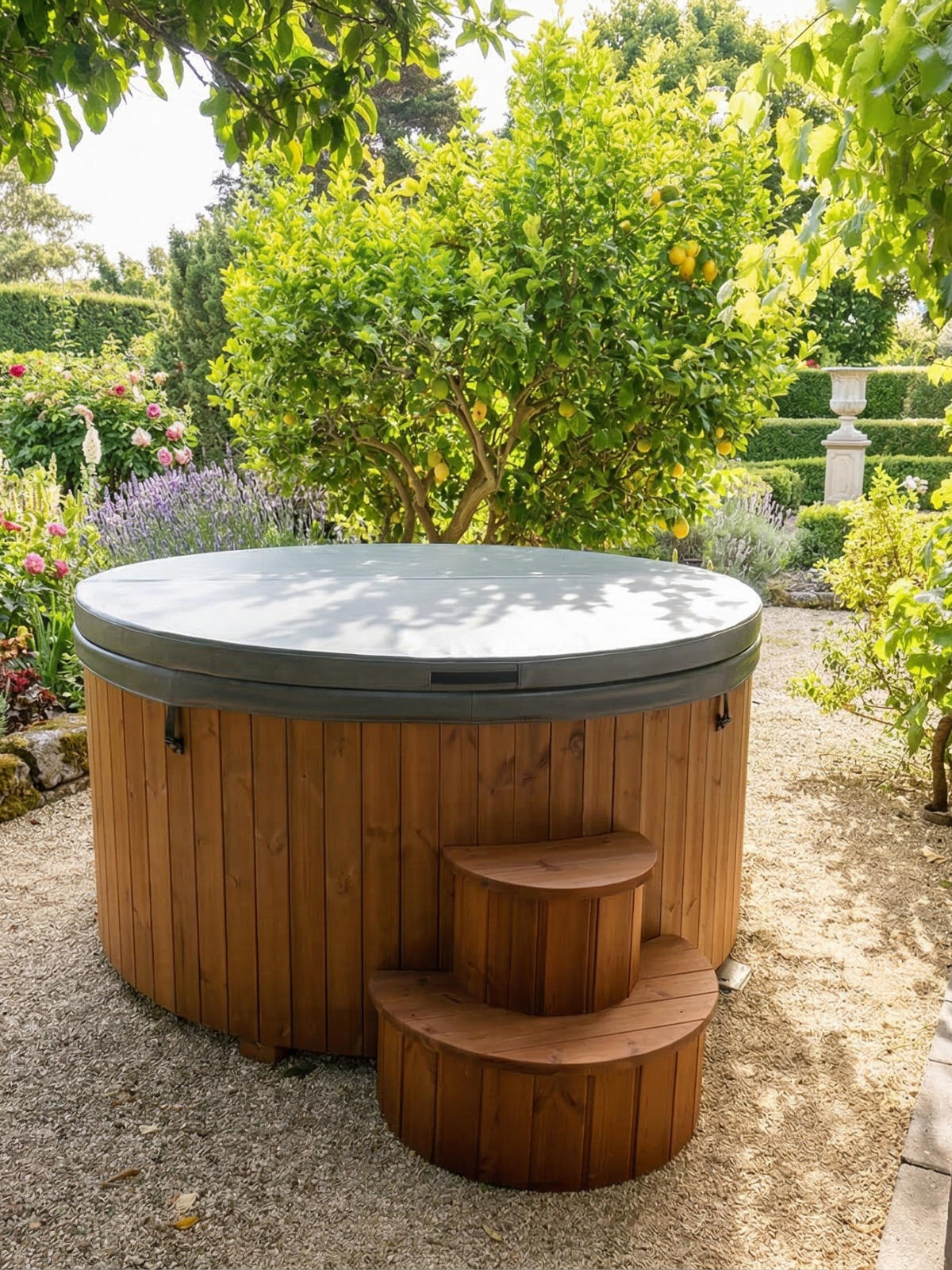 Hot tub with wooden steps in a garden setting