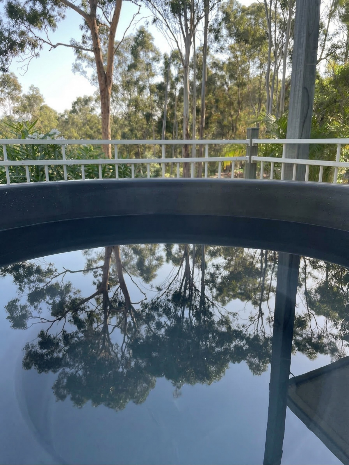 Reflective surface with trees and a white fence in the background