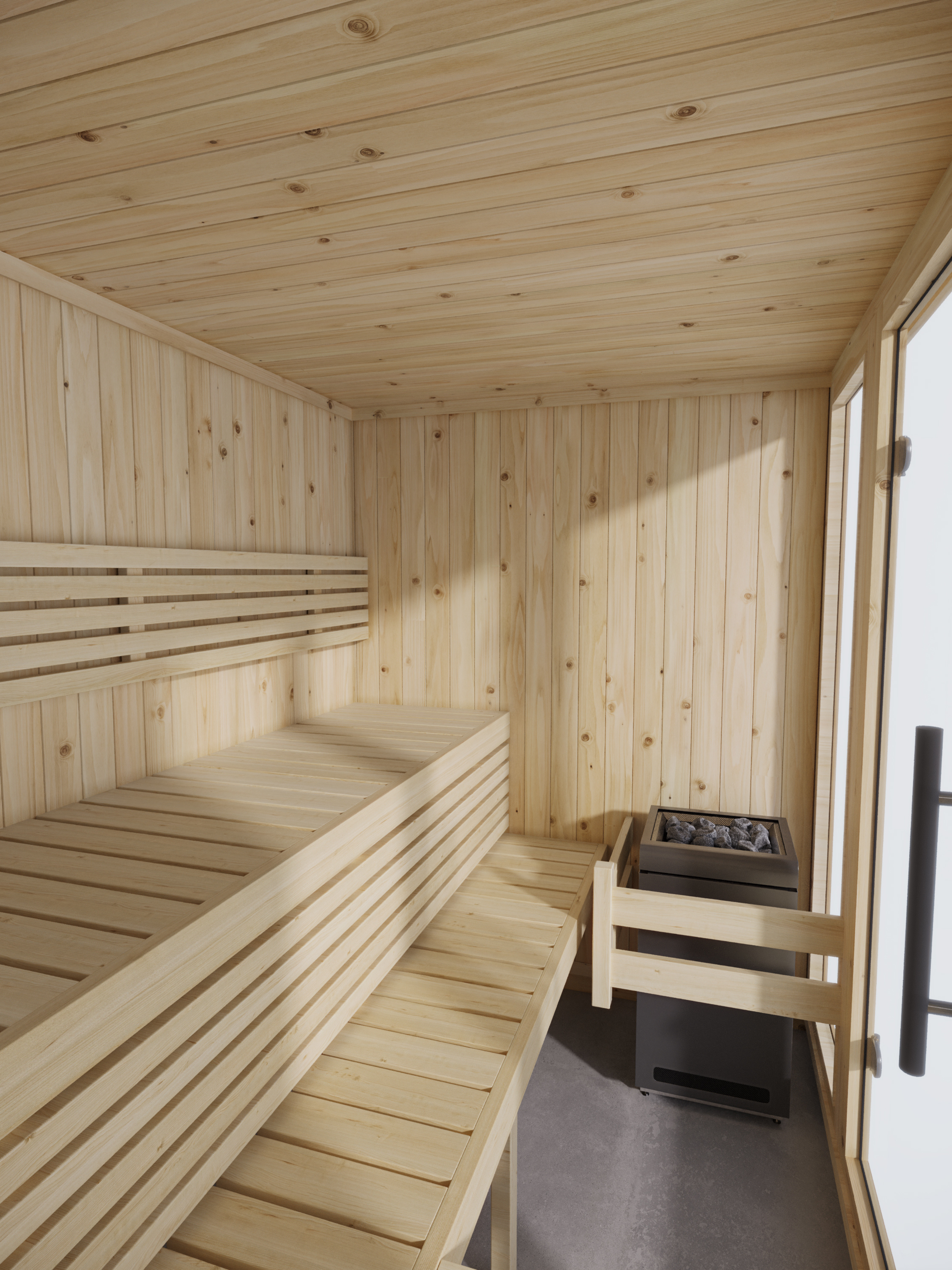 Wooden sauna interior with benches and a heater.