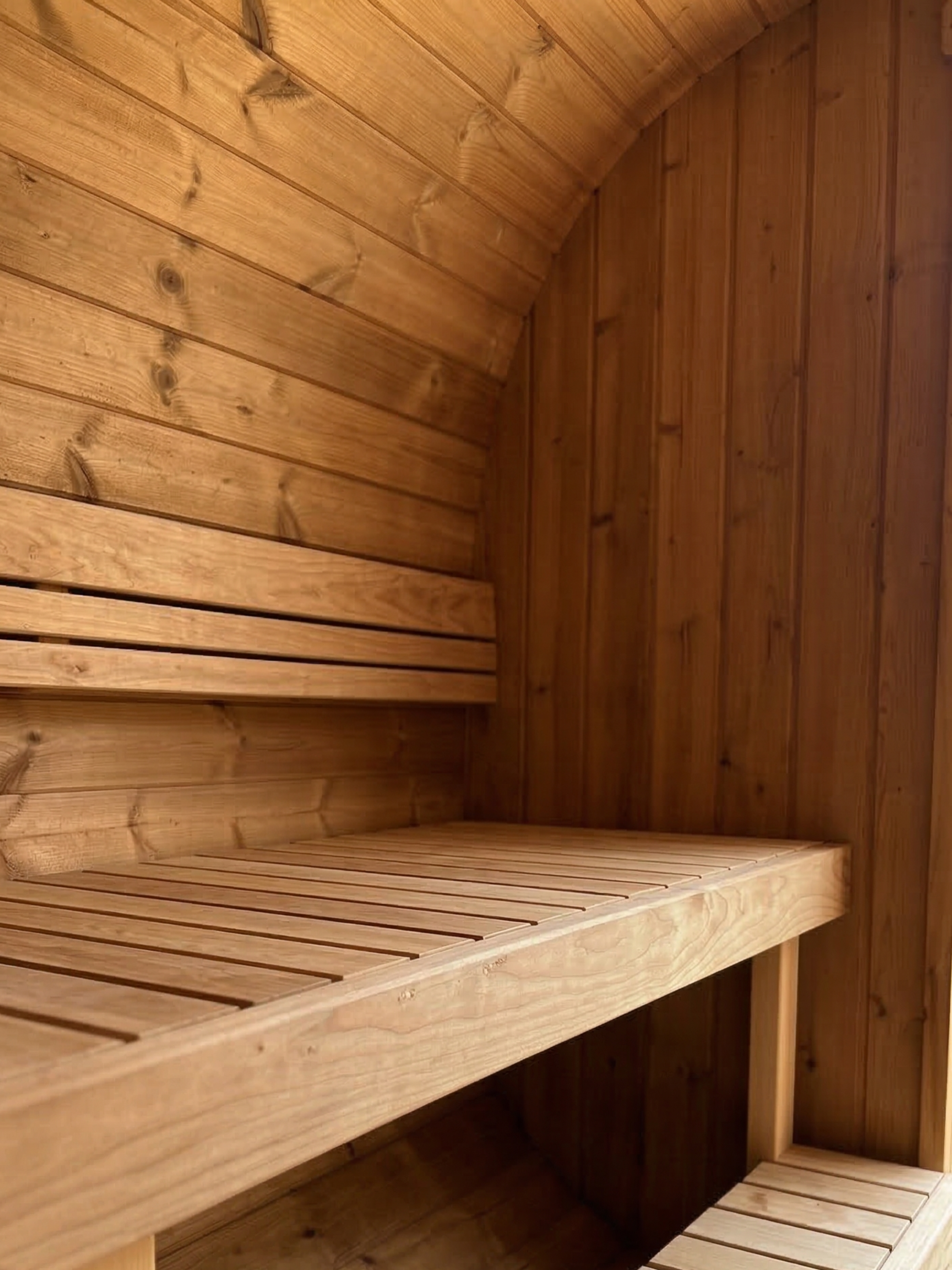 Wooden sauna with bench inside a wooden cabin
