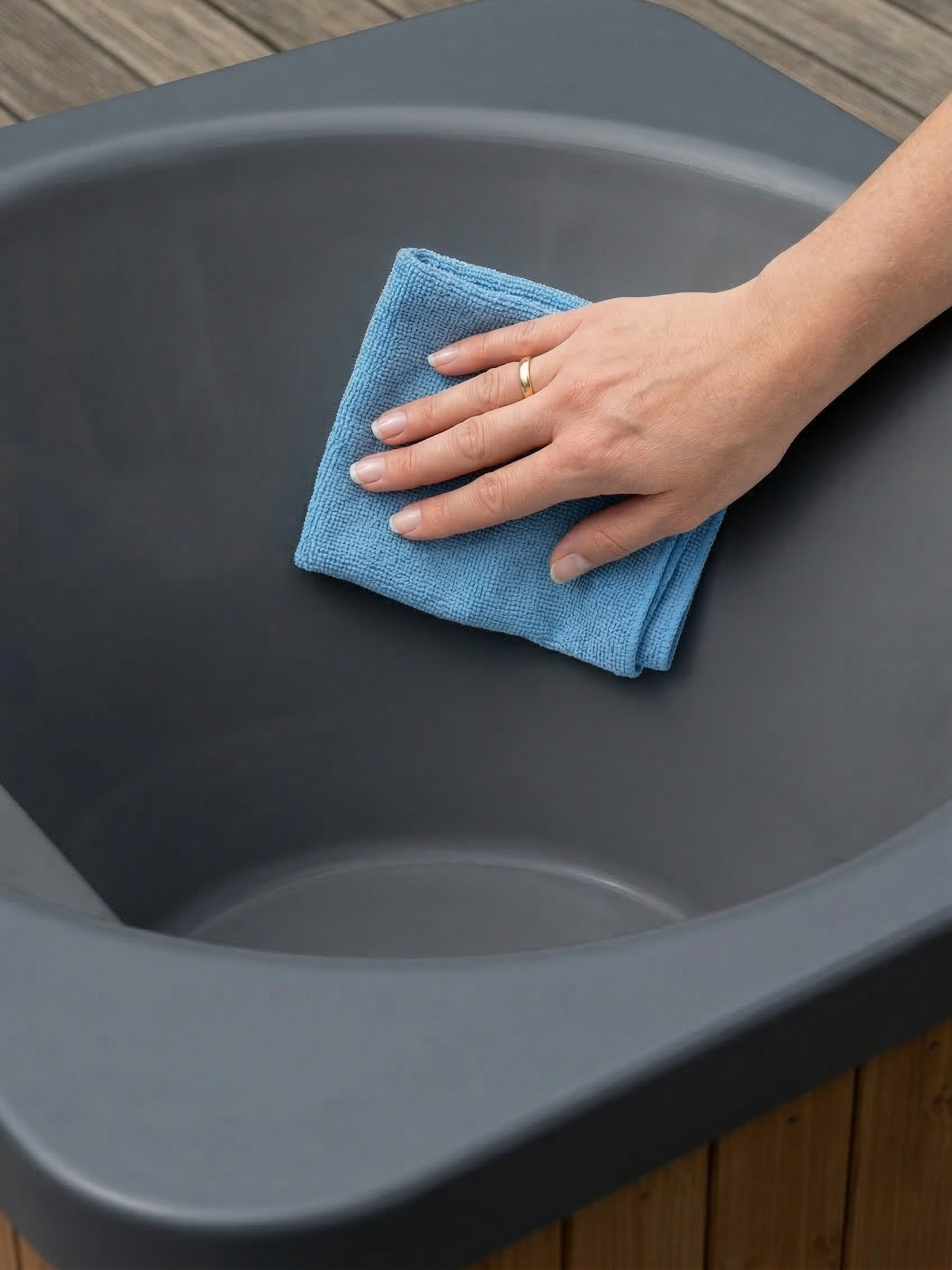 Hand cleaning a gray bathtub with a blue towel
