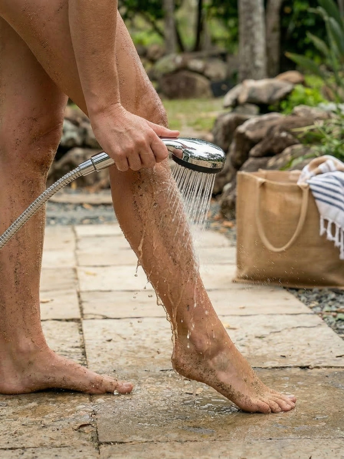Person showering outdoors with a handheld showerhead on a wooden platform.