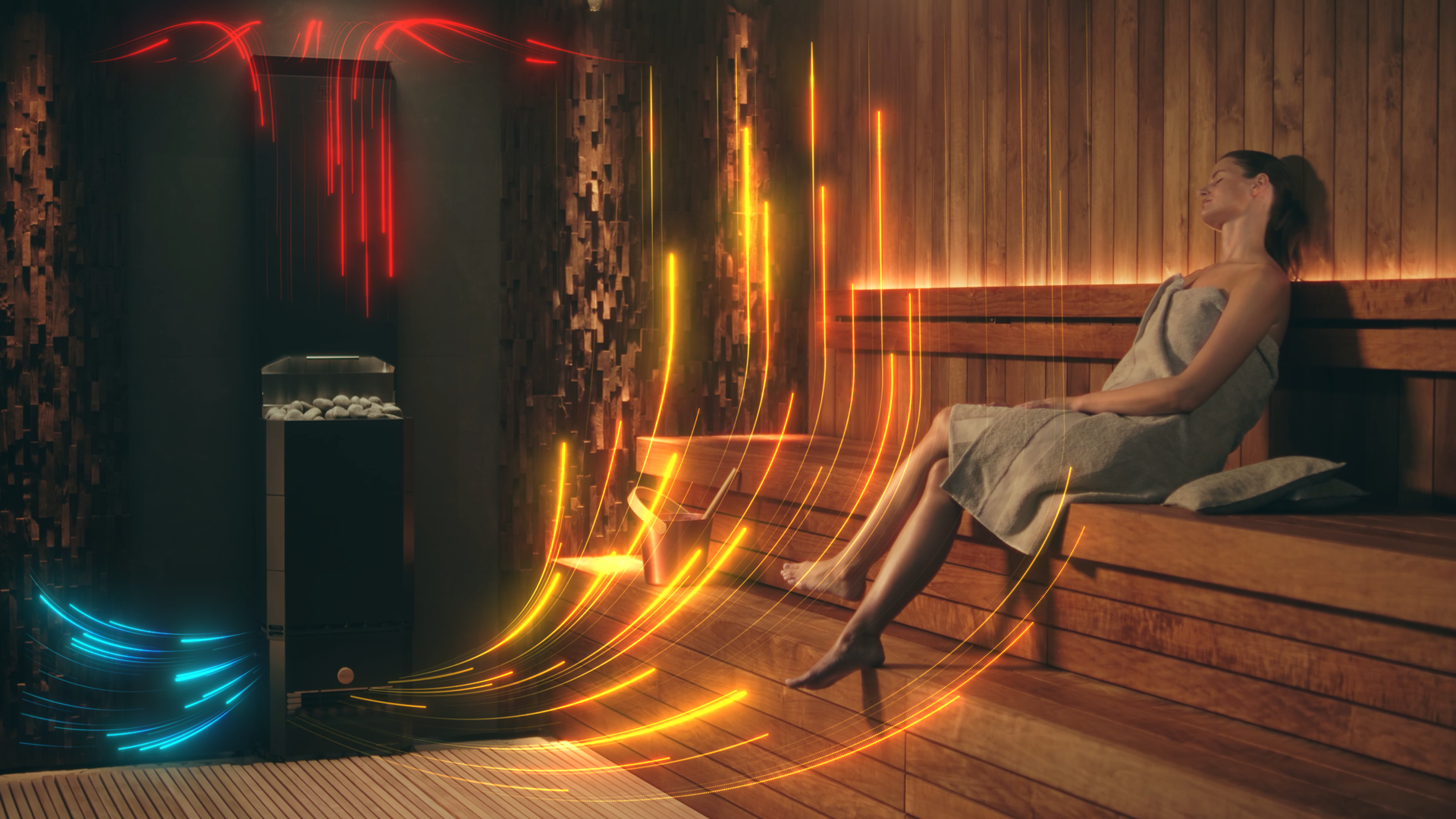 Woman relaxing in a sauna with glowing light effects